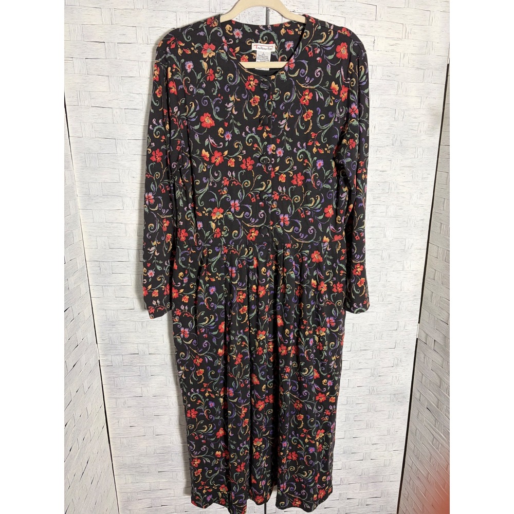 Vintage Talbots Womens Dress Floral Cotton Knit Midi Long Sleeve Pockets TradMom